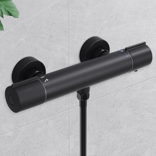 HOMELODY Duscharmatur mit Thermostat Schwarz - Aufputz Mischbatterie Dusche | 38°C Sicherheitstaste Duschthermostat Armatur,Thermostat Dusche Edelstahl Brausethermostat Duschbatterie,Duscharmatur Schwarz