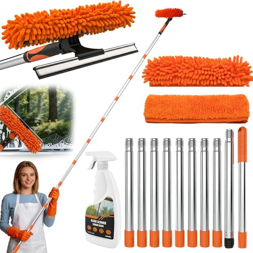 Fensterabzieher Profi Set,2-in-1 Fensterreiniger & Glasabzieher mit 4.5m Teleskopstange + 400ml Glasreiniger| Für Fenster, Spiegel & Glasduschen,Streifenfreie Reinigung
