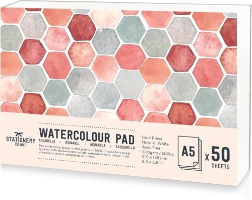 Stationery Island Aquarellpapier A5 300g, 50 Blatt Aquarellblock A5, Aquarell Papier für Wasserfarben, Aquarell Skizzenbuch, Watercolor Paper für Studenten,Anfänger, Skizzenbuch Aquarell
