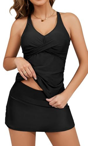 SHEKINI Damen Tankini Set Ruched Bauchweg Slim Zweiteiler Badeanzug Elegant Twisted Tankini Oberteil mit Rock Große Größen Bademode（XXL，Schwarz）