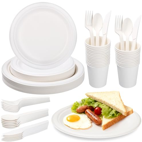 Cexovo Abbaubares Einweggeschirr Set, 150 Stück, 25 Gäste | Aus Zuckerrohr Bagasse Faser, Mit Gabeln Messer Löffel Teller Becher, Für Grillfest Camping Picknick