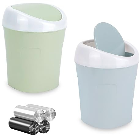 QLFJ-FurDec 2 Stücke Mini Mülleimer, Tischmülleimer mit Schwingdeckel | 4 Rollen Müllsäcke, Kompaktes Design Mini Kosmetikeimer 10*12*17cm, Tischabfalleimer für den Waschtisch (Blau, Grün)