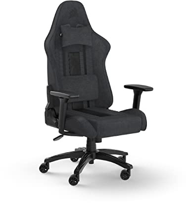 Corsair TC100 Relaxed-Gaming-Stuhl – Stoff – Vom Rennsport inspiriertes Design – Lendenkissen – Abnehmbares Nackenkissen aus Memory-Schaumstoff – Verstellbare Armlehnen – Grau und Schwarz