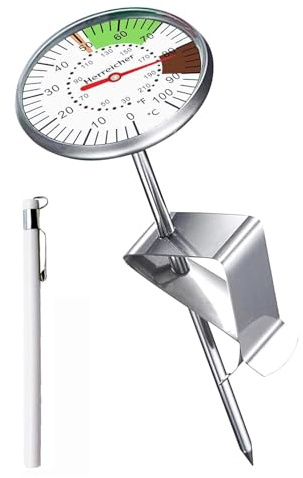 Herreicher Milchthermometer Barista Edelstahl 18/8 127mm Sonde - Präzises Küchenthermometer mit Clip, ±0,5°C Genauigkeit, 45mm Großes Zifferblatt für Milchaufschäumer Kaffee Tee