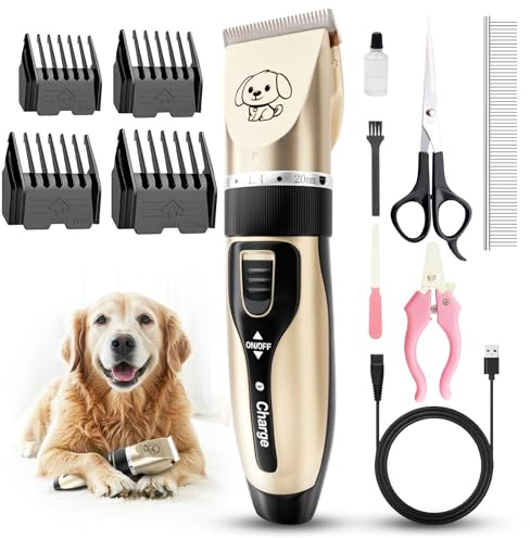 Hundeschermaschine, Haarschneidemaschine für Hunde, Schermaschine Hund Trimmer Fellpflege Kit mit 4 Kamm, Schere, Edelstahl Kamm, Reinigungsbürste