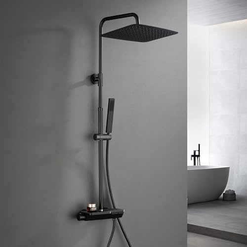 Görbach Regendusche Duschsystem mit Thermostat, Kopfbrause 35x25 cm Schwarz | Edelstahl Duschset mit Verstellbarer Duschstange passend für vorhandene Bohrlöcher, Thermostat Duscharmatur Komplettset