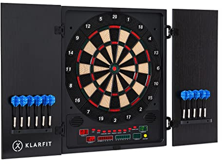Klarfit Dartscheibe Elektronisch, Profi Dartscheibe für Erwachsene, Elektronische Dartscheibe mit 12 Bunten Dartpfeilen & Dartcomputer mit LED-Display, E Dartscheibe mit Türen & Pfeile
