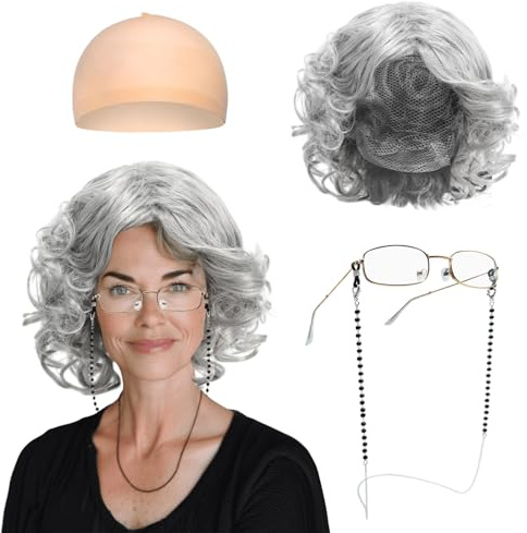 FUIPVGI Kostüm-Set für alte Dame, graues Oma-Perücken-Set mit Oma-Perücke, Brille und Kette, Zubehör-Set, Oma-Perückenkappe für Halloween, Weltbuchtag, Maskerade, Karneval