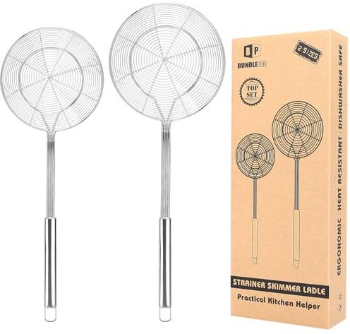Großer Spinnennetz-Sieb aus Edelstahl, 2 Stück, Küchenlöffel, Siebkelle mit langem Griff, Kochwerkzeug zum Braten, Kochen von Nudeln oder Knödeln
