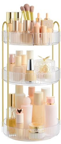SONGMICS Make-up Organizer drehbar, rund, 3 Ebenen, anpassbar | Kosmetik-Organizer für Schminktisch, Kosmetik Aufbewahrung, Geschenkidee, Weiß und Gold, GLORA Kollektion JKA011W02