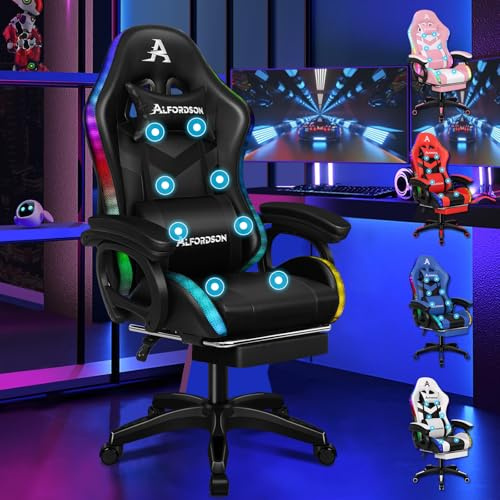 ALFORDSON Gaming Stuhl Gamer Stühle RGB LED Racing Gamer-Stuhl PC-Gaming-Sessel Massage Bürostuhl ergonomisch Fußstützen, Schreibtischstuhl, Neigungswinkel 90-150°,180 kg belastbar, Schwarz