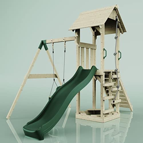 Rebo Spielturm mit Wellenrutsche und Kinder-Schaukel, Outdoor Klettergerüst Garten,Smaragdgrün