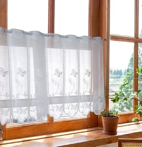 Devola Scheibengardinen Jacquard Blumenmuster BxH 100x120cm 1 Stück | Transparent Kurze Gardine, Panneaux Gardinen Landhaus Bistrogardine Weiß mit Lochleiste, Küchengardinen mit Gebogter Kante