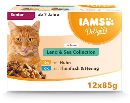 IAMS Delights Senior Katzenfutter Nass - Multipack mit Huhn und Fisch in Sauce, hochwertiges Nassfutter für ältere Katzen ab 7 Jahre, 12 x 85 g