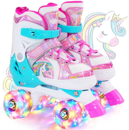 OLYSPM Rollschuhe Mädchen,Rollschuhe Kinder,4 Größen Einstellbare Rollschuh mit 8 Blinkenden Rädern für Jungen,Mädchen,Anfänger