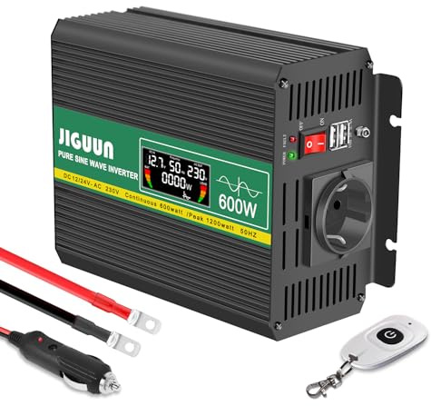 JIGUUN 600W Wechselrichter 12V/24V auf 230V Reiner Sinus Spannungswandler | Kabellose Fernbedienung,LCD Anzeige,1 EU Steckdose,2 USB,Geeignet für Wohnmobil,Camper,LKW,1200W Spitze