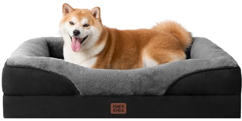 EHEYCIGA Orthopädisches Hundebett mit 4 Rändern, 91x68cm, Grau/Schwarz | Memory Foam, Waschbarer Bezug, Wasserdichte Beschichtung, Rutschfester Boden, Reversibles Design, Dauerhafter Reißverschluss