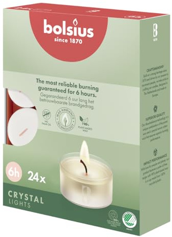 bolsius – Teelichter Clear Cup Transparente Hülle Weiß Brenndauer 6 Stunden - 24 Stück im Karton mit Pflanzliches Wachs, 6h box 24