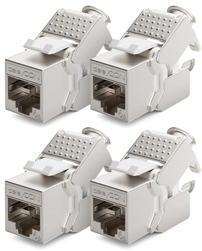 deleyCON Keystone Modul CAT 6a Jack STP RJ45 500MHz 10 Gbit/s, 4 Stück | Vollgeschirmt, RJ45 Buchse, werkzeugfrei dank Snap-In Montage, für CAT Rohkabel