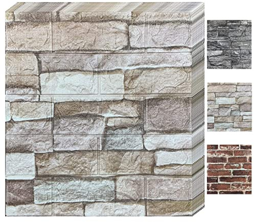 Bibykivn 3D Wandpaneele Selbstklebend,10 Stück Steinoptik Tapete 35 x 38cm,Wasserdicht Wandtapete,Brick Pattern Wallpaper Wandaufkleber,für Wohnzimmer,Schlafzimmer,Küche,Badezimmer (Felsenfarbe)