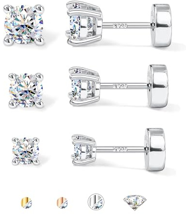 SLLAISS Moissanit Ohrringe Silber 925 Damen Ohrstecker Silber 925 Set 3 Paare 3/4/5mm Moissanit Ohrringe 14K Weißgold Vergoldet Hypoallergen Schmuck Glitzer Diamant für Zweites Ohrloch, Silber