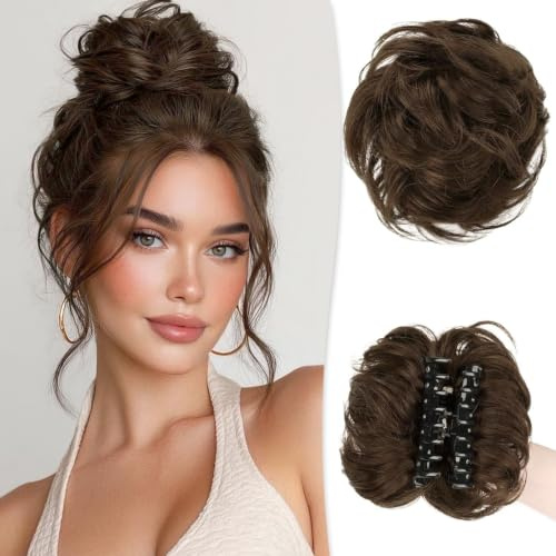 RUWISS Echthaar Dutt mit Klammer, Messy Bun Haarteil Echthaar Dutt für Dünnes Haar Locken Gewellt Haardutt Haarteil Clip für Damen (Mittelbraun)