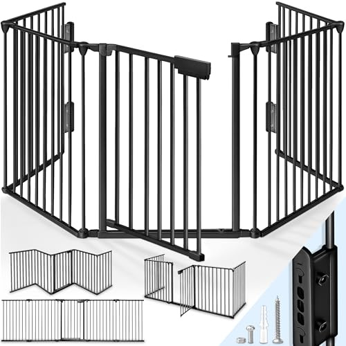 KIDUKU® Kaminschutzgitter mit Tür Metall 600 cm | Absperrgitter ohne Bohren | Ofenschutzgitter als Kinderschutz faltbar | Konfigurationsgitter für Baby & Kinder | Hundegitter inkl. 10 Elementen (Schwarz)