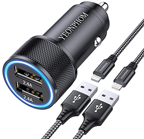 Zigarettenanzünder USB Auto Adapter,2.4A Auto Ladegerät mit 2X iPhone Ladekabel [Apple MFi Zertifiziert],Kfz Ladegerät Ladeadapter USB Zigarettenanzünder Stecker für iPhone 14 13 12 11 Pro Max/X/8/7/6