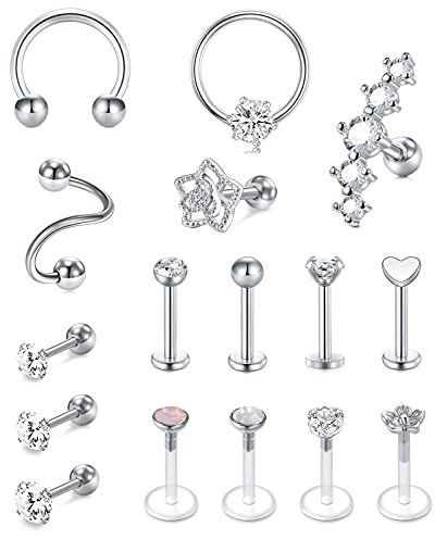 Rajnard 16-stk Tragus & Helix Piercing Set - Chirurgenstahl Silber Knorpel Ohrstecker & Ohrringe 16G CZ Barbell & Labret Monroe Schmuck für Damen & Männer