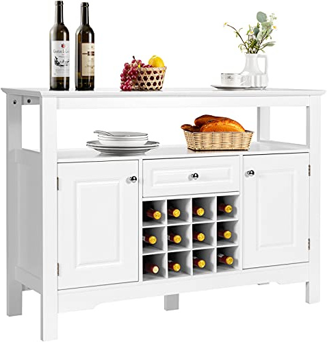 COSTWAY Sideboard Küchenschrank mit Türen und Schubladen, Küchekommode Holz, Buffetschrank Aufbewahrungsschrank Beistellschrank Weinschrank 116 x 40 x 82 cm (Weiß)