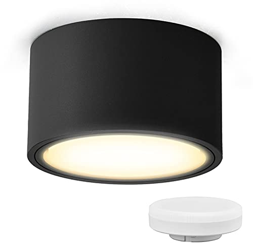 KYOTECH LED Aufbauspot Schwarz Flach 230V Ø95x55mm Aufputz inkl. 6W GX53 Leuchtmittel warmweiß 3000K 550LM Decken Aufbaustrahler mit großer Leuchtfläche LED Aufputz Spotleuchte Rund