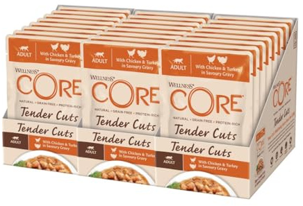 Wellness CORE Tender Cuts 24 x 85g, Huhn & Truthahn – Nassfutter für Katze, zarte Stücke in Sauce, getreidefrei, natürlich, hypoallergen, proteinreich, hoher Fleischanteil