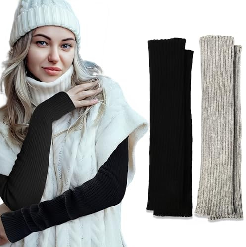 AHEJIOO 2 Paar Armstulpen Damen, Strick Halb Fingerlose Handschuhe Gestrickte, Arm Warmers, Handstulpen, Armwärmer, Stulpen Arm, Pulswärmer Damen (Schwarz & Hellgrau)