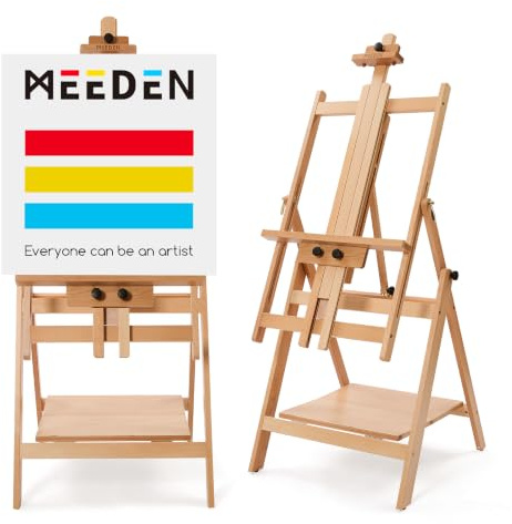 MEEDEN Staffelei Holz Groß, Verstellbare Kunststaffelei Atelierstaffelei aus Buchenholz, Malstaffelei Ständer, Einstellbar auf Max 223,5cm, Hält Leinwand bis zu 150cm