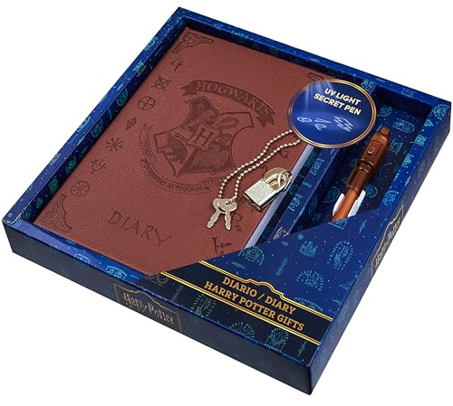 Harry Potter Notizbuch Set für Kinder, Fans, Tagebuch mit Schloss und Geheimstifte, Schreibwaren Set, Schulsachen (Braun UV-Stift)