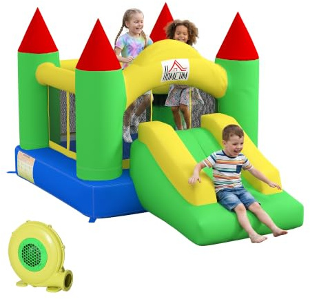 HOMCOM Hüpfburg mit Gebläse für Kinder 3-10 Jahre 300 x 180 x 160 cm | Aufblasbare Kinderhüpfburg, Spielburg mit Rutsche, Trampolin, Sicherheitsnetz, Spielplatz für Indoor und Outdoor