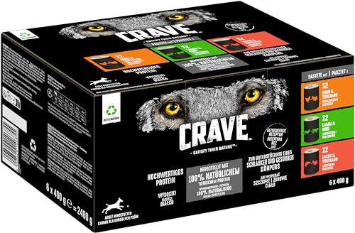 CRAVE Adult Hundefutter nass ohne Getreide - 6x400g Dosen - Premium Nassfutter für Hunde in 3 verschiedenen Sorten - mit 100 Prozent natürlichem Protein