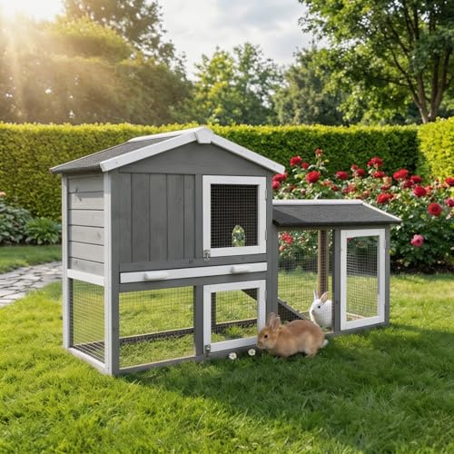 Miweba MyAnimal Hasenstall MH-03 | Kaninchenstall mit Freilaufgehege - Hasenkäfig - Kleintierkäfig - Holz imprägniert - Kaninchenkäfig Winterfest - Kleintiergehege - Käfig - Hasenhaus (Grau/Weiß)