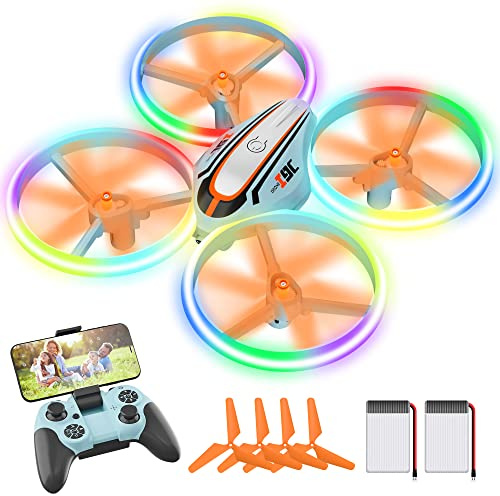 i9C Drohne mit Kamera, Mini Drone mit Bunte LED Lichter, Spielzeug Geschenke RC Quadrocopter mit 3D Flips, Kopflos Modus, Flugbahn und 2 Akkus