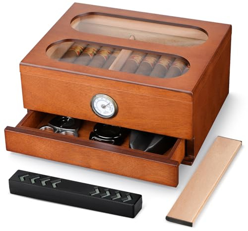 COOL KNIGHT Handgefertigter Zigarren-Humidor mit Hygrometer, Luftbefeuchter und Zubehörschubladen, gehärtetes Glas, Zigarren-Humidor-Box – Spanischer Zedern-Humidor-Desktop-Humidor, der 40–60 Zigarren