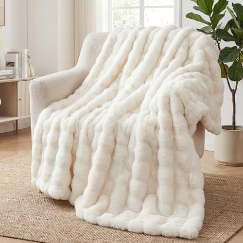 Kuscheldecke Kaninchen Plüsch Decke Super Soft Wohndecke Dick 1000 G/M² Flanell Decke Couchdecke Warme Überwurfdecke Sofadecke Vielseitig Blanket Für Bett Sofa Schlafzimmer Büro Weiß 160 x 200cm