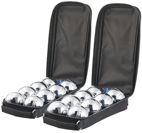PEARL Boccia Kugeln: 2er-Set Boule- & Boccia-Spiele: 16 Metall-, 2 Holz-Kugel, Tasche (Kugeln Metall, Boule-Spiele mit Metallkugeln, Ball)