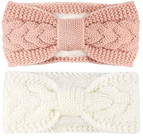 Telgoner Stirnband Damen Winter, 2 Pcs Stirnbänder Strick, Haarband Ohrenwärmer Elastische, Haarbänder Verdicken Headwrap Kopfband für Damen/Frauen/Mädchen(Weiß+Rosa)