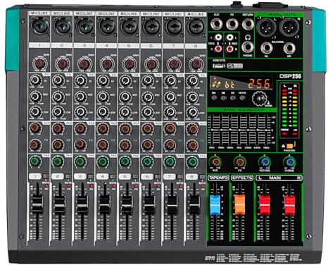 Depusheng PA8 Professioneller Mixer 8 Kanal DJ Konsole mit 256 DSP Effektoptionen Kabellose Bluetooth Verbindung USB Laufwerk 48V Phantomspeisung