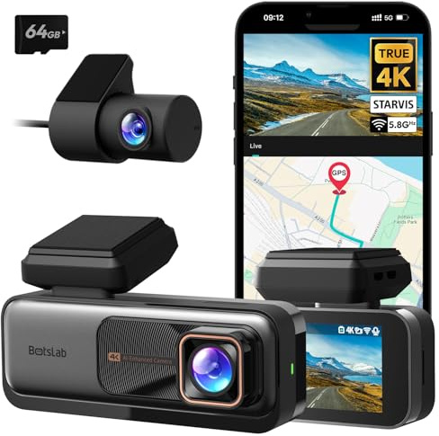 BOTSLAB Dashcam Auto Vorne Hinten, 4K Dashcam Auto GPS mit WiFi, Dual Autokamera mit 64GB SD Karte, ADAS, Nachtsicht, 170°Weitwinkel, WDR, 2,45 IPS, 24/7 Parküberwachung, Loop-Aufnahme