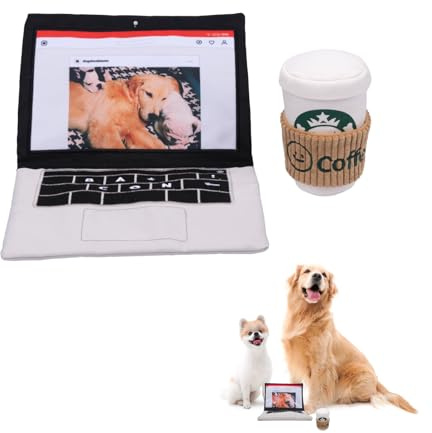 Furry Fables Interaktives Hundespielzeug-Set, quietschender Laptop, Computer und Kaffeetasse, Stadtleben Thema