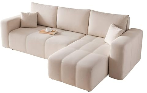 GREKPOL Sofa mit Schlaffunktion 145x248 - Creme Ecksofa mit Schlaffunktion und Bettkasten - Sofa 3 Sitzer - Schlafsofa - Couch - Schlafsofa mit Bettkasten