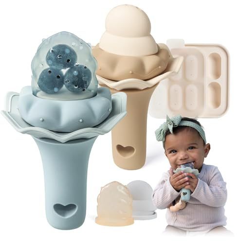 Moonkie Fruchtsauger Baby mit Gefrierschrank Tablett, BPA-Frei Silikon Fruchtschnuller mit Zwei Größen Beutel, 4 Monate+ Zahnungshilfe, Geschenk zur Babyparty, 2 Stück(Äther/Croissant)