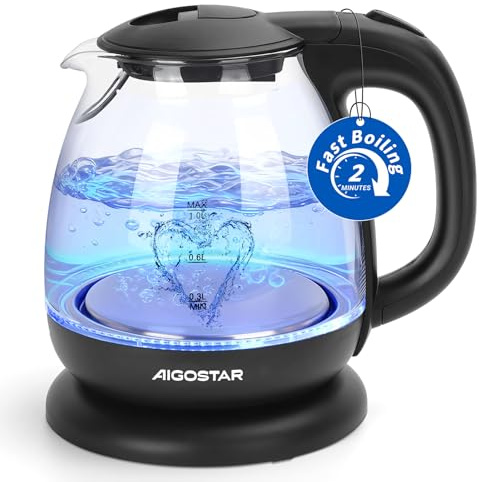 Aigostar Elfin Mini-Wasserkocher aus Borosilikatglas mit LED-Beleuchtung, 2200 W, Kapazität 1 l, BPA-frei, schnelles Kochen, Vakuumschutz, Schwarz