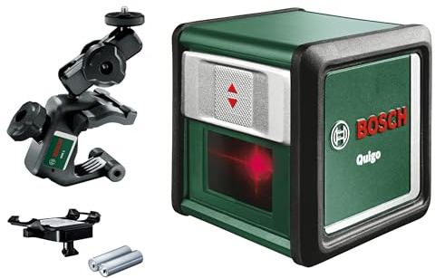 Bosch Kreuzlinienlaser Quigo mit Universalklemme MM 2 | einfaches und präzises Ausrichten mit flexibler Positionierung des Tools dank Klemme, im E-Commerce Karton
